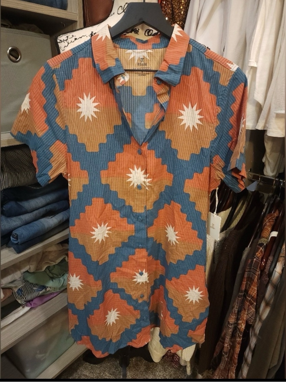 Roark Micro Perforated Blue Rust Tan Starburst Print Short Sleeve Dress
